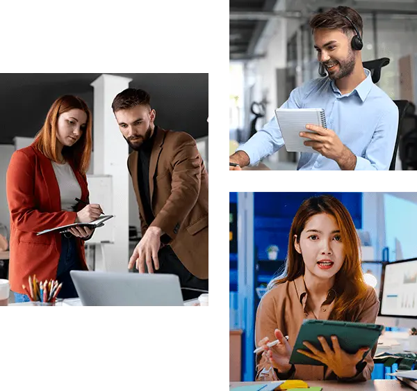 The image displays four professionals in various work-related scenarios, involving discussion, customer service, and a virtual meeting | Blurred Ego